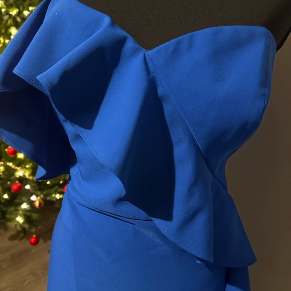Aidan Mattox Ruffled One Shoulder Sapphire Blue Cocktail Midi Dress size 14 - Picture 9 of 11